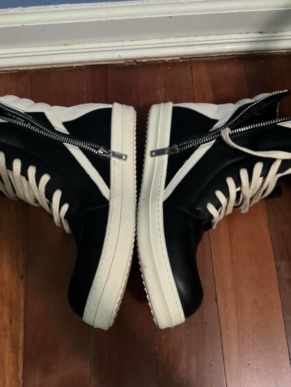 Rick Owens Black and White High-Top Zip Sneakers
